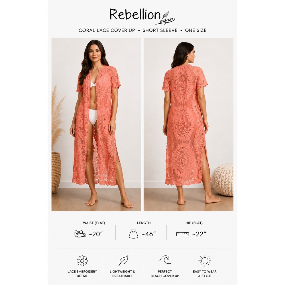 Rebellion Again Coral Pink Lace Duster Cardigan Boho Mesh Kimono Medium